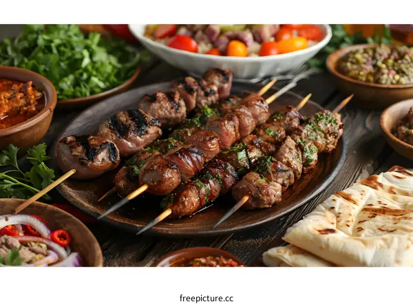 Grilled meat skewers on wooden table with various side dishes