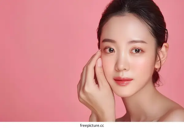 Portrait of Asian Woman with Smooth Skin on Pink Background