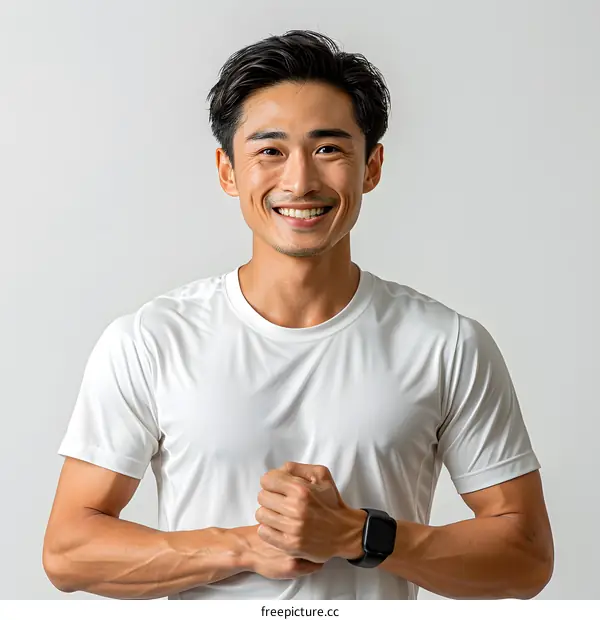 Portrait of a smiling young Asian man in sportswear