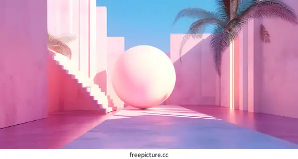 Abstract Pink 3D Minimalist Sphere And Palm Tree