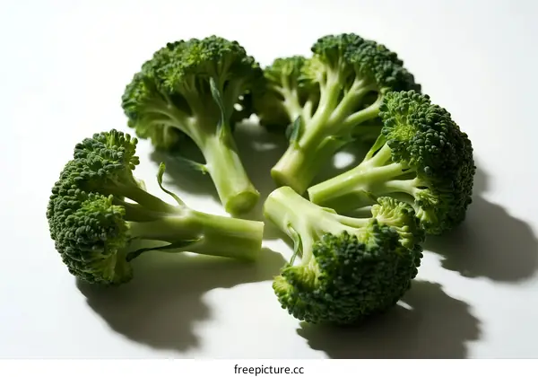 Fresh Green Broccoli Florets Arranged in Circle on White Background
