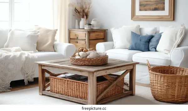 Cozy Living Room with Rustic Wooden Coffee Table