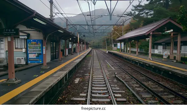 A railway station in a rural area with a mountain backdrop
