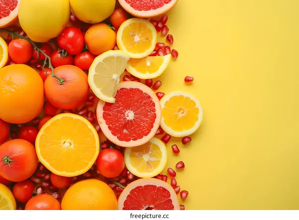Fresh Fruits and Vegetables on Yellow Background