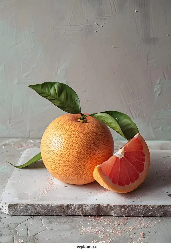 Whole Grapefruit and a Slice of Grapefruit on a Stone Plate