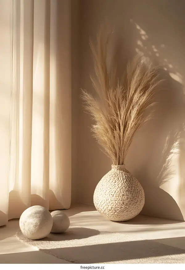 Beige Interior Decor with Dried Grass and Stone Balls