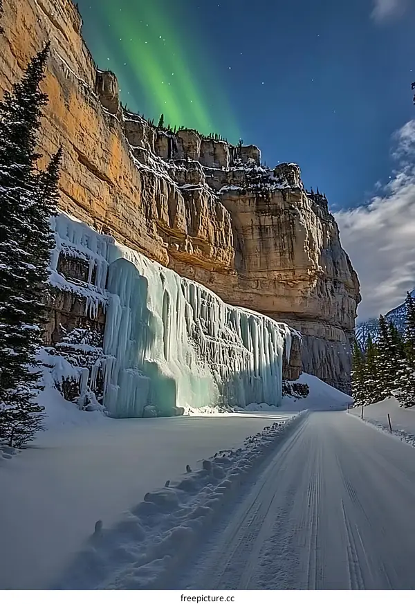 Frozen Waterfall in a Canyon Under the Northern Lights