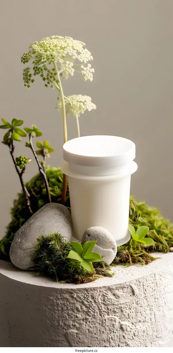 White Jar with Moss and Stones on Grey Background