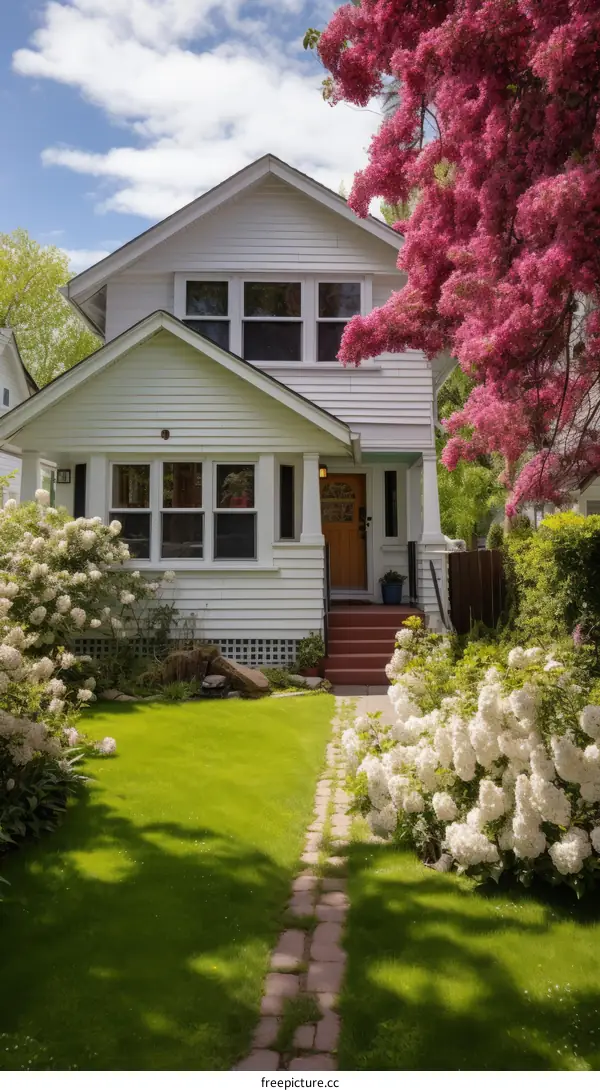 A charming small white house surrounded by a lush garden