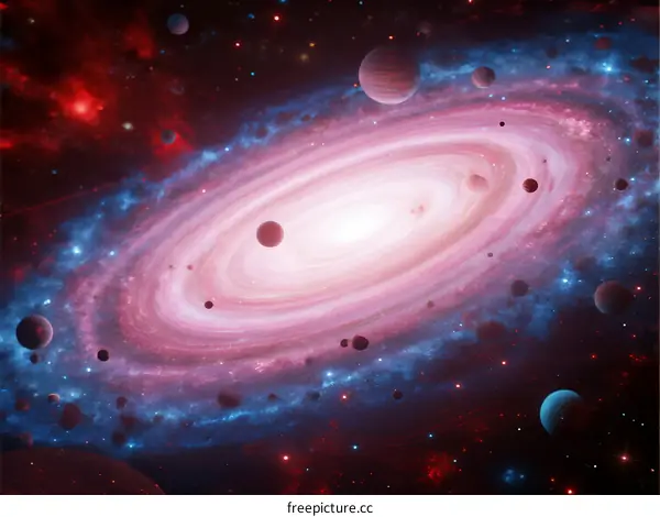 Vast Spiral Galaxy with Planets and Cosmic Elements in Deep Space