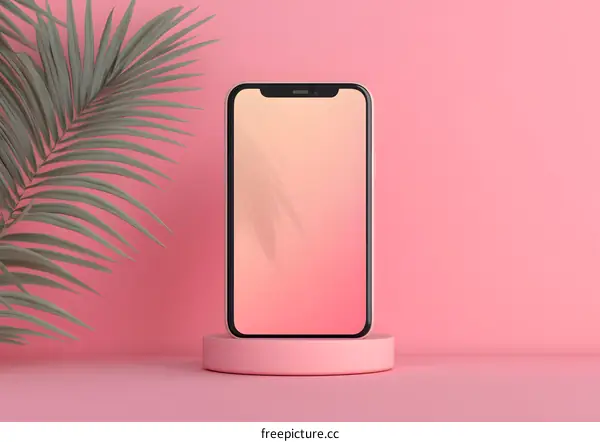 Smartphone Mockup with Palm Leaf on Pink Background