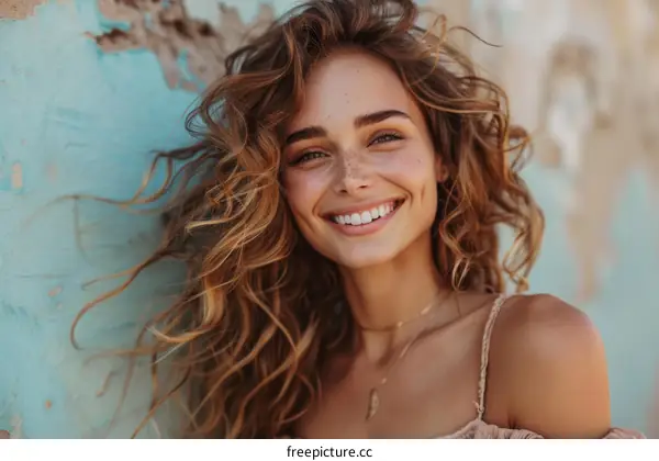 Smiling Woman with Curly Hair Outdoors