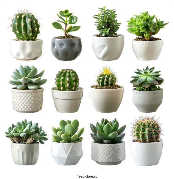 [Transparent Background PNG]Set of various succulents and cactuses in pots isolated on white