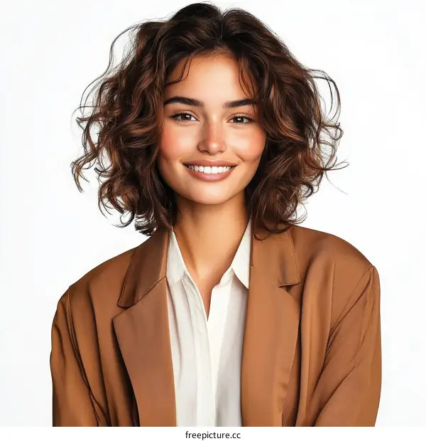 Beautiful Woman with Curly Hair and a Brown Jacket