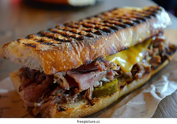 A delicious sandwich with ham, cheese, and pickles on a toasted baguette