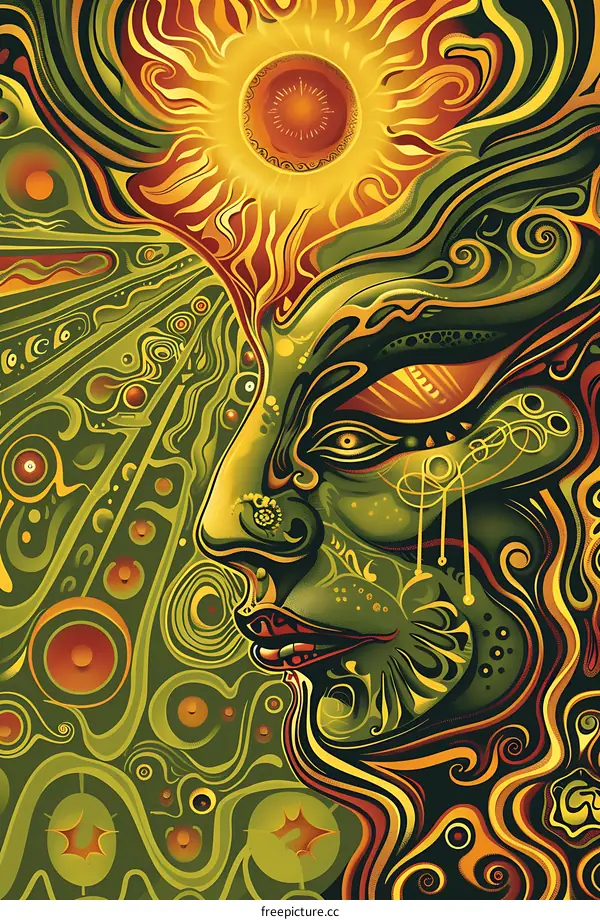 Abstract Sun and Green Face Illustration