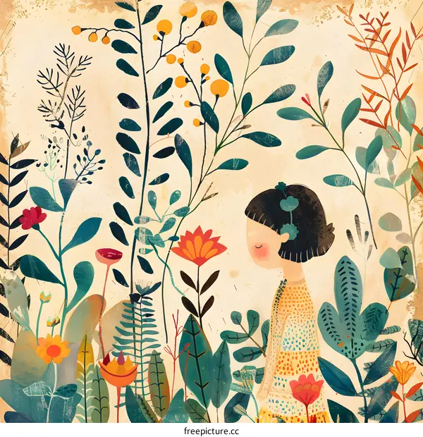 Girl in a Garden of Flowers and Plants