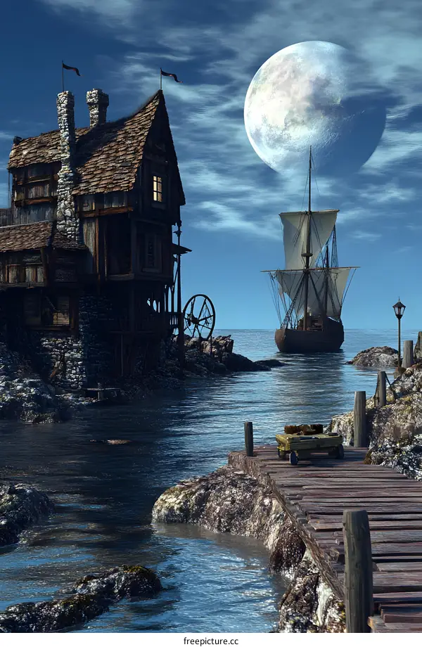 Fantasy Landscape with a Wooden House, Ship, and Full Moon