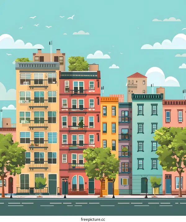 Colorful Cityscape Illustration with Buildings, Trees, and Blue Sky