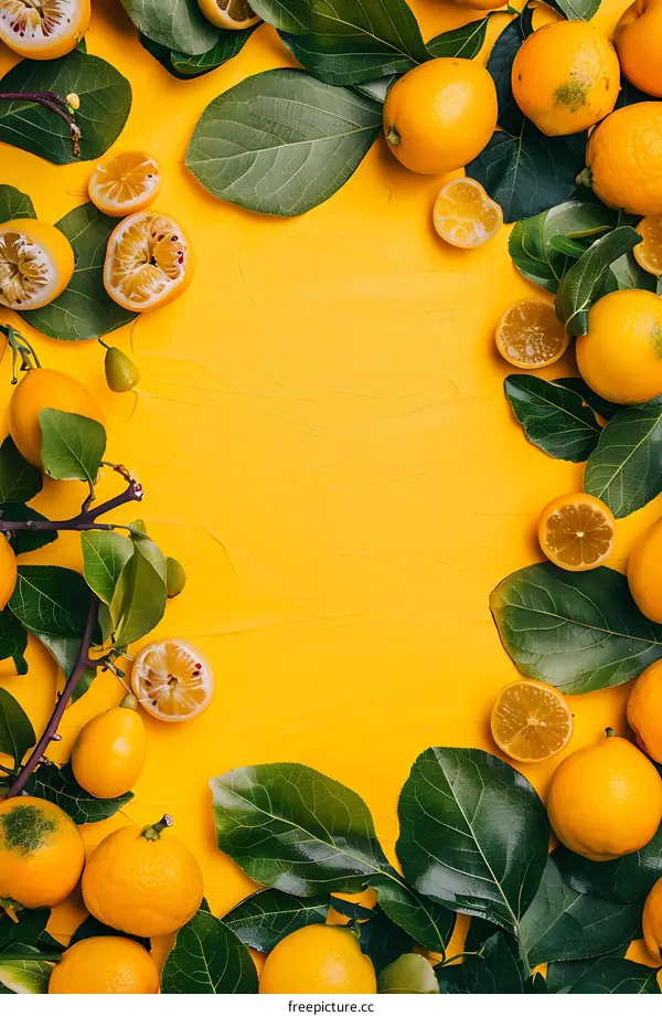 Fresh Lemon and Green Leaves Border on Yellow Background