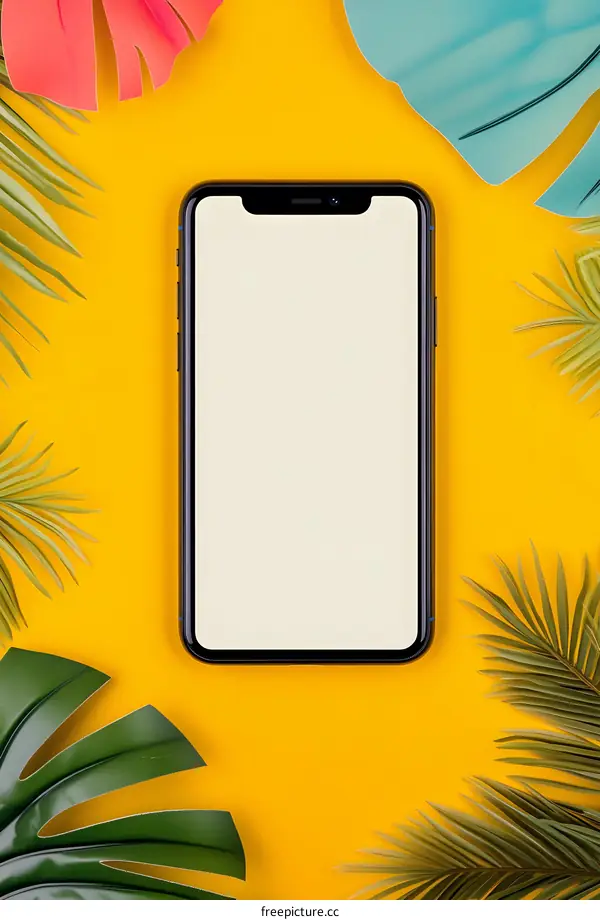 Tropical Phone Mockup On Yellow Background