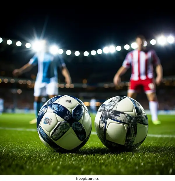 Two soccer balls on the field with blurred out soccer players in the background