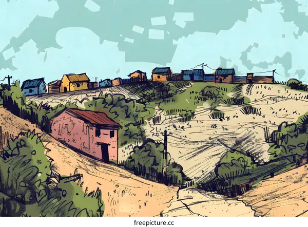Hand Drawn Illustration of a Village Landscape