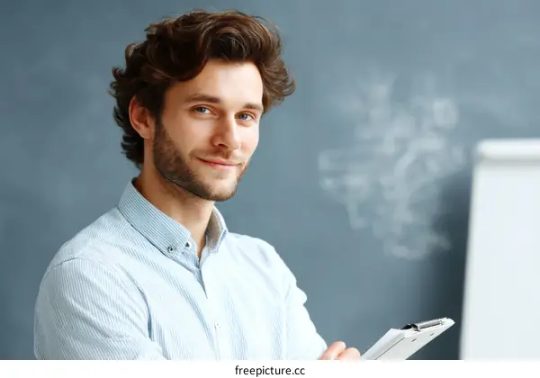 Confident Caucasian Man Holding Clipboard