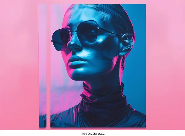 Woman With Blue Skin Wearing Sunglasses Against Pink Background
