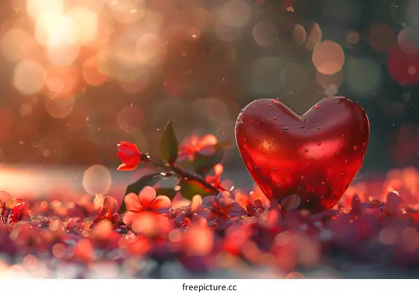 A crystal clear red heart on the blooming flowers
