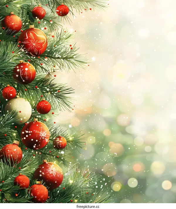 Christmas background with fir branches and red and gold balls