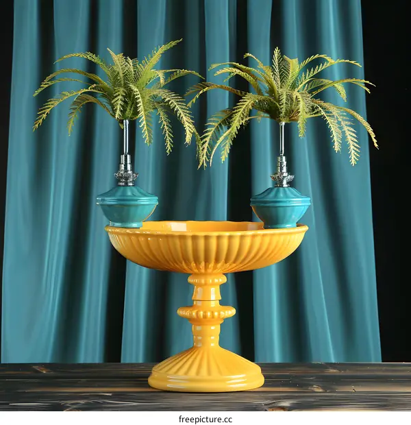 Yellow Ceramic Pedestal with Palm Trees and Teal Vases