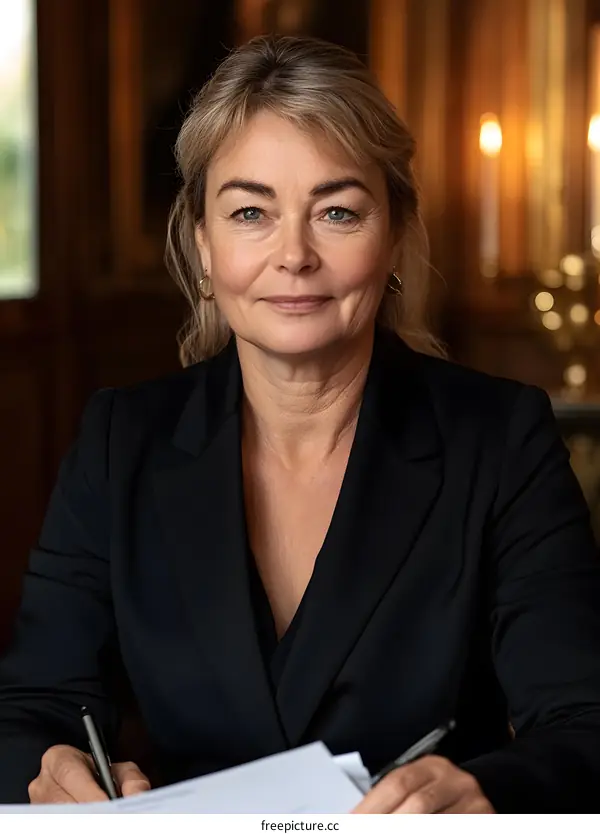Business Woman Signing a Contract in an Elegant Office