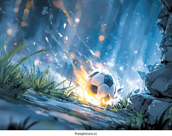 Fiery Soccer Ball Exploding Through Nature