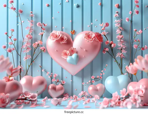 Pink and blue 3D flowers under the blue sky