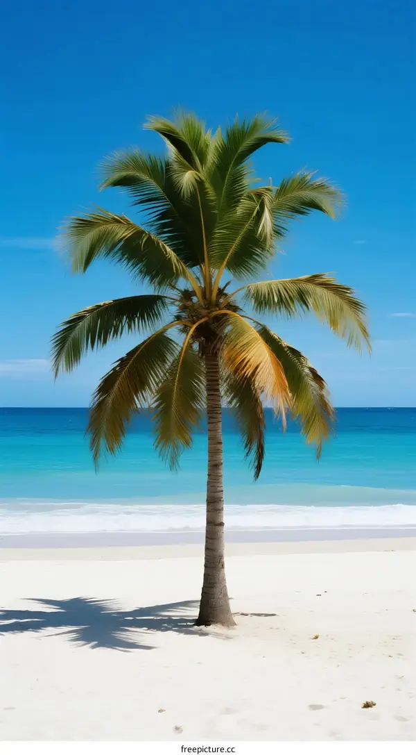 Single Coconut Palm Tree on White Sandy Beach with Clear Blue Sky