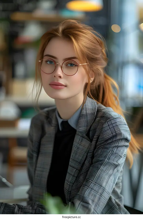 Portrait of a Young Woman with Red Hair Wearing Glasses