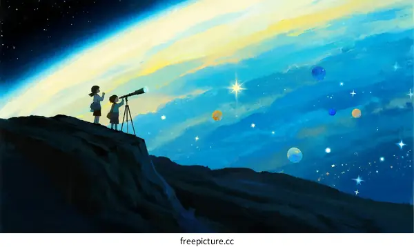 Children Observing Stars Through Telescope on Earth's Edge