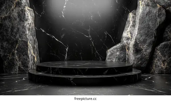 Luxury Black Marble Product Showcase with Rocks