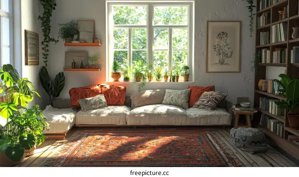 Cozy Reading Nook with Lush Plants and Warm Lighting