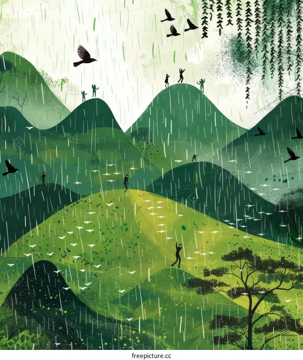 People dancing in the rain on a green hill