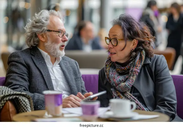 Two people having a conversation in a cafe