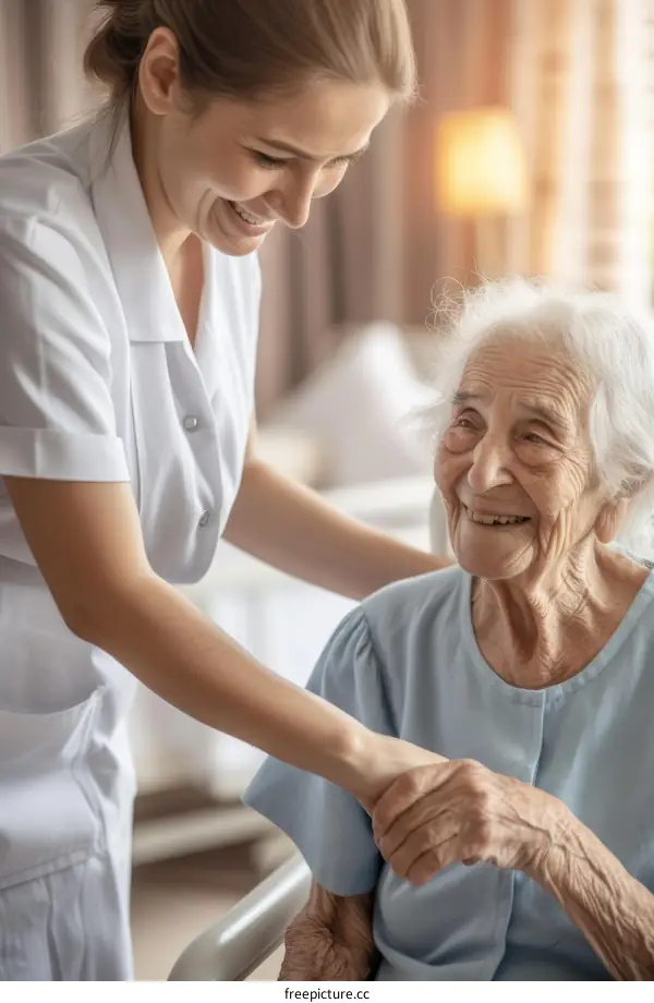 Smiling nurse holding hands with elderly woman
