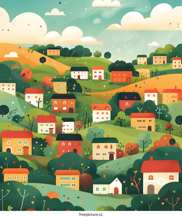 Colorful Houses On Hills, Cartoon Style Village Illustration
