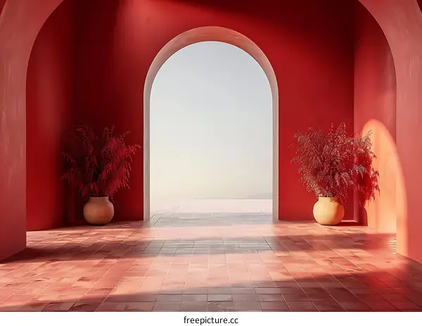 Red Archway With Plants And A View