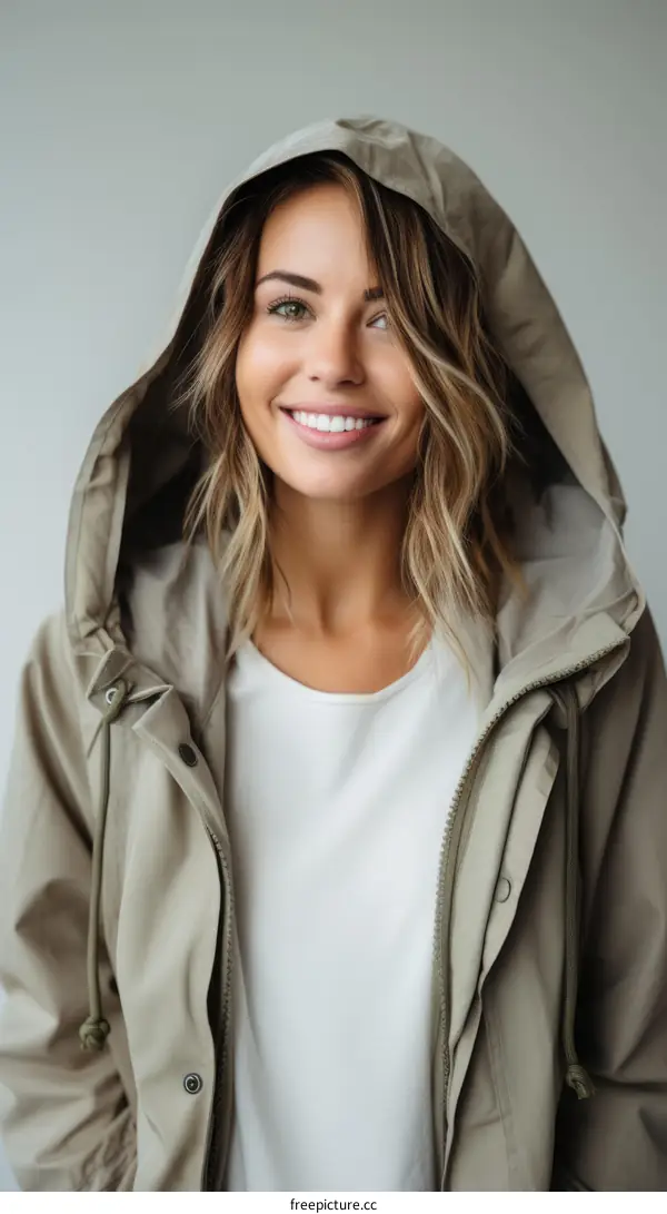 Portrait of a smiling young woman in a green raincoat