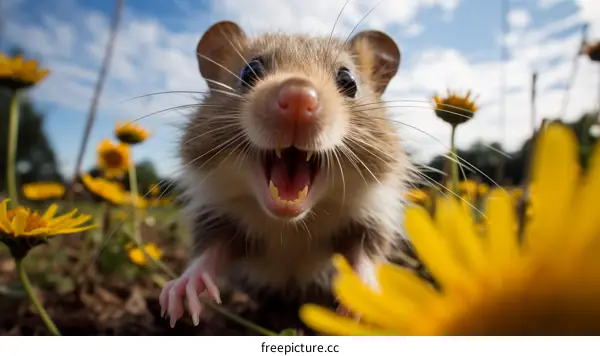 Close-up of a screaming hamster in a field of yellow flowers