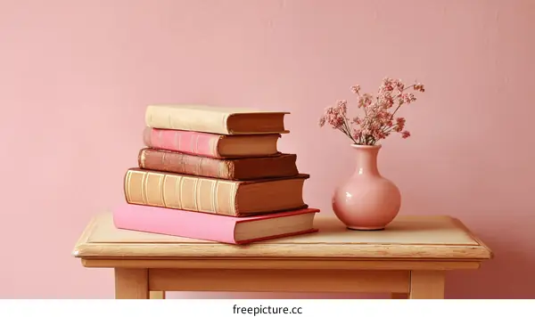 Stack of Antique Books on Pink Table with Dried Flowers