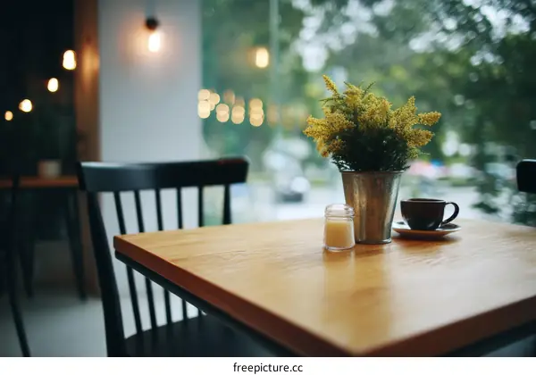 Cafe Interior with Wooden Table and Plants