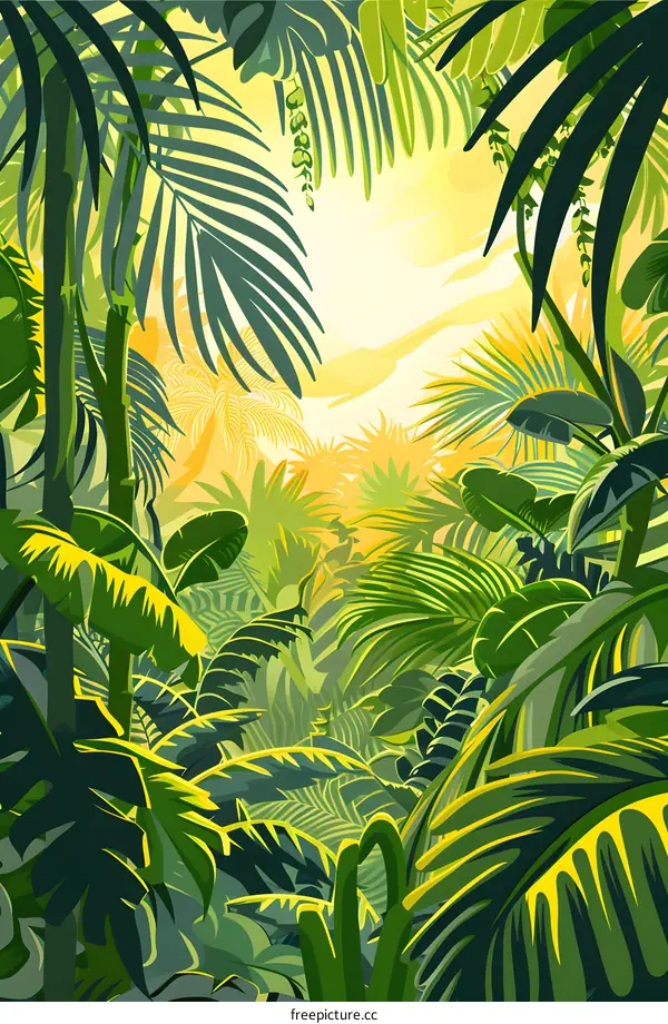 Tropical Jungle Landscape with Green Foliage and Sunlight